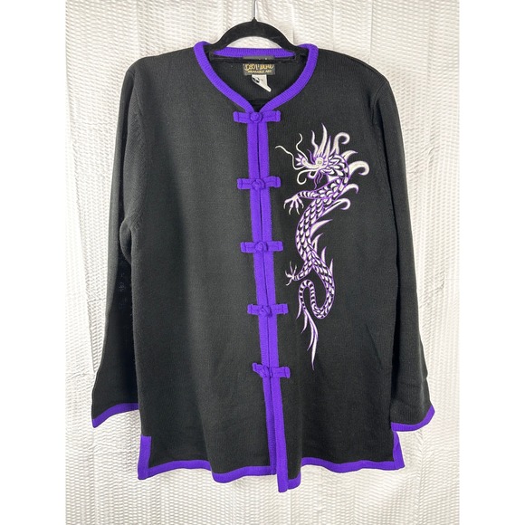 BOB MACKIE Purple Black Knit Cardigan Embroidered Dragon Size LARGE - Picture 1 of 7